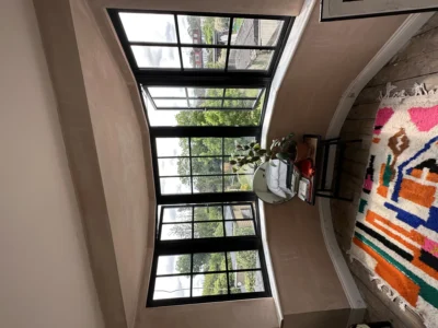 Black aluminium Crittall-style window with garden view, London