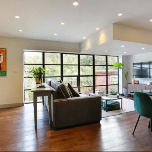 Black Crittall-style aluminium windows in London living room