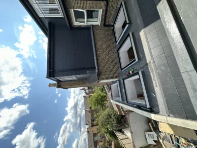 London rear extension white aluminium windows, garden view