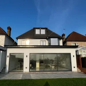 London rear extension exterior with anthracite sliding doors