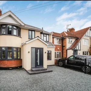 London house exterior with grey windows and composite door