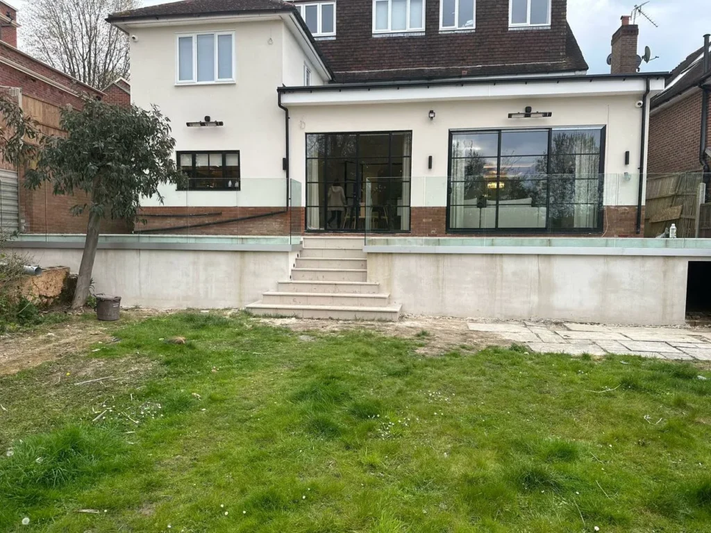Rear of London house with glass terrace balustrade