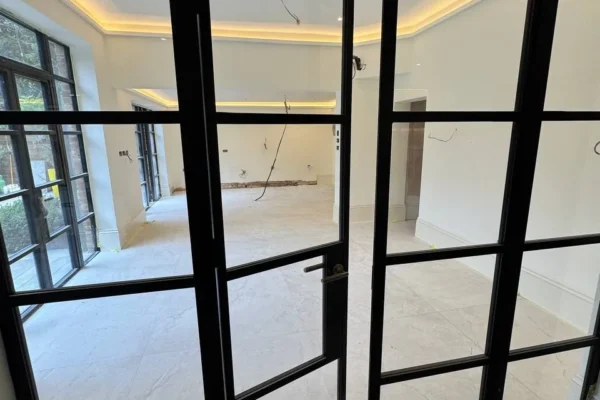 Black Crittall glass partition and pivot door, London