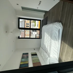 Modern bedroom with black aluminium window and skylight, London