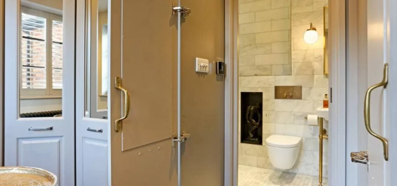Bathroom mirror panels beside marble WC, London