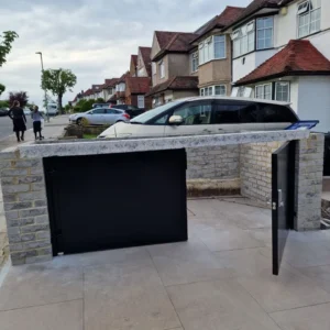 Black metal bin store enclosure London front garden