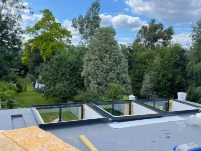 Three black-framed rooflights on London garden room roof