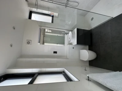 Glass shower screen and aluminium window in London bathroom