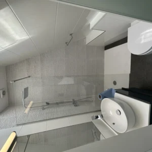 Glass shower screen in grey-tiled London loft bathroom