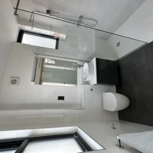 Glass shower screen and skylight in London loft bathroom