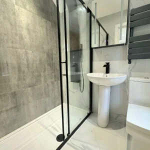 Black framed glass shower screen, London bathroom