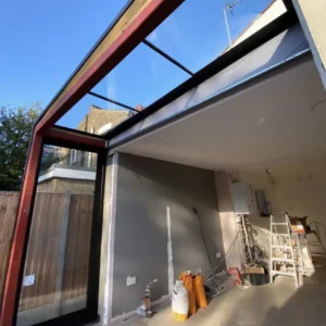 Frameless structural glazing gable on London garden extension
